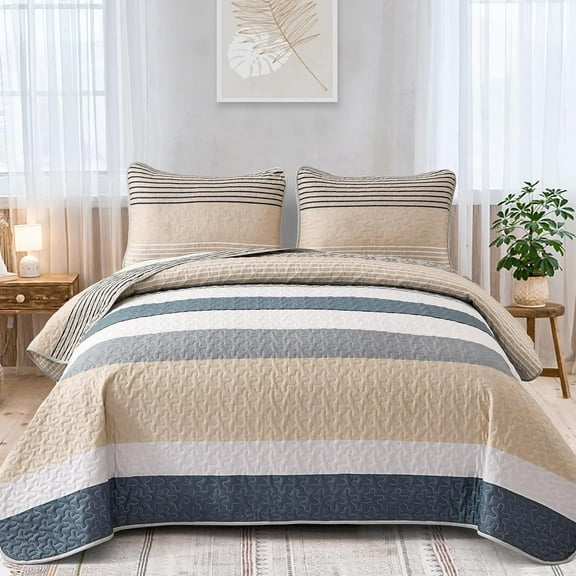 Grey Boho Quilt King Striped Khaki Bedspread Boho All Seasons Soft Coverlet Adult(90"x104")