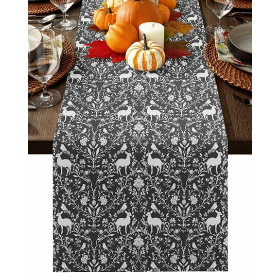 Grey Boho Reindeer Middle Century Table Runner-70 Inch Long Vintage Plant Table Runners Linen Burlap Tablerunner for Kitchen Dining Room Holiday Party