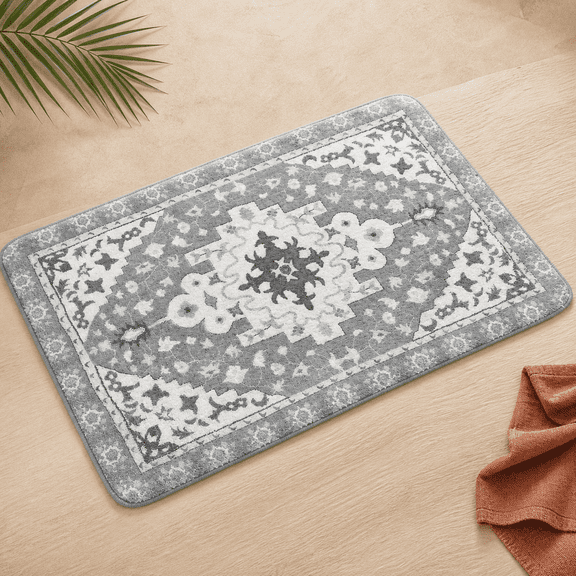 Grey Boho Retro Oriental Bath Rug 20x31 Inch