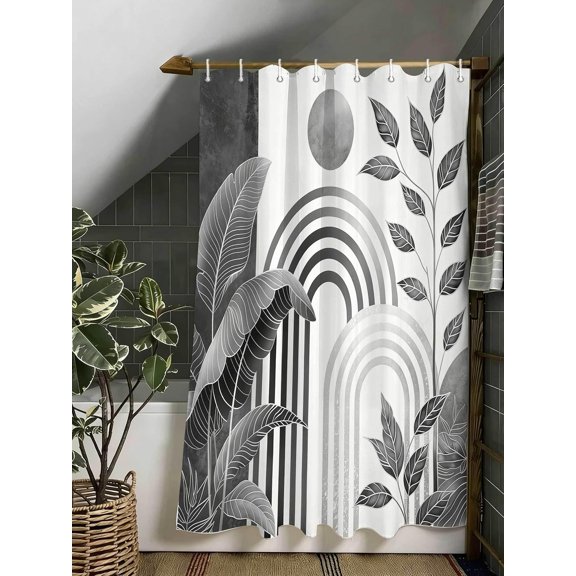 Grey Boho Shower Curtain Mid Century Abstract Boho Aesthetic Spring Summer Nature Leaf Sun Modern Minimalist Shower Curtains Decor with Hooks 36X72 Inches