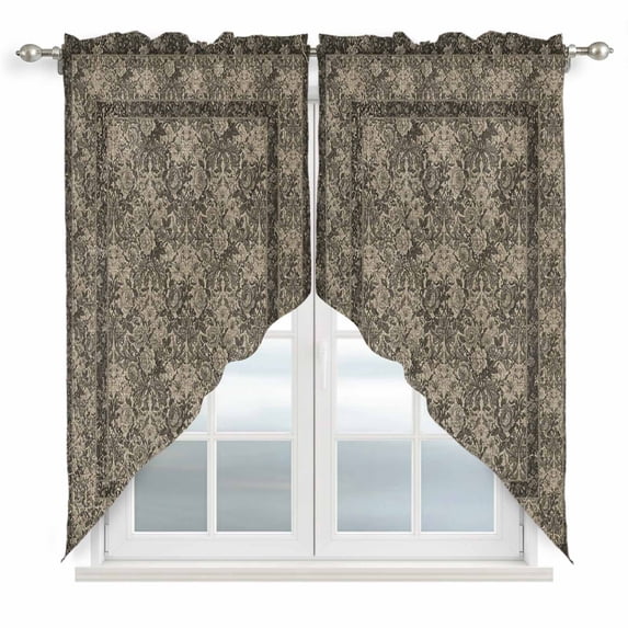 Grey Boho Swag Curtains for Kitchen/Bedroom/Living Room, Vintage Ethnic Tribe Abstract Art Floral Scalloped Curtains 63 Inch Long, Rod Pocket Window Swag Topper Curtains Valances 2 Panels Set 36"x63"