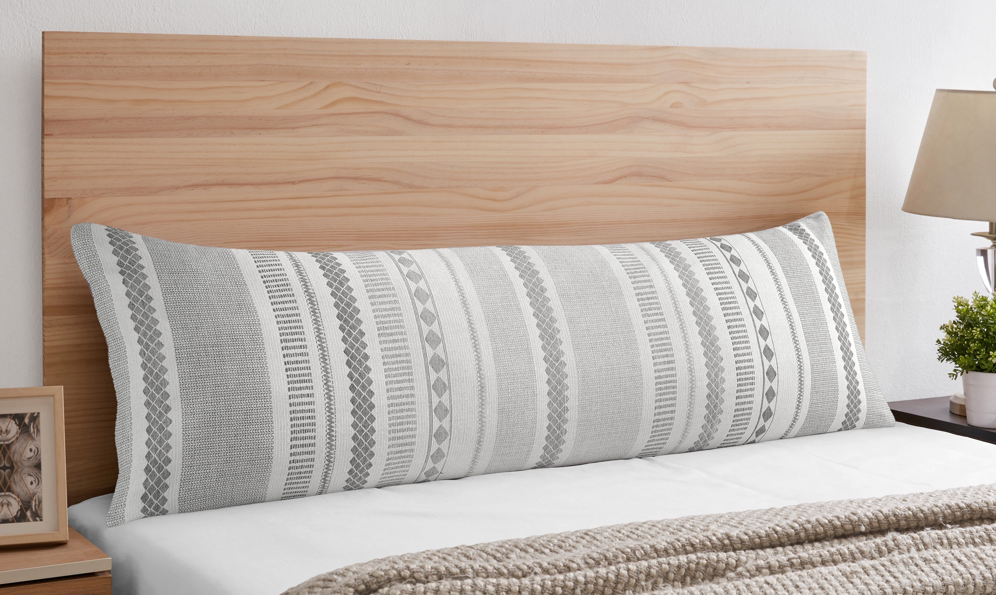 Boho Geometric Gray and Ivory Cotton Jacquard Body Pillow Cover