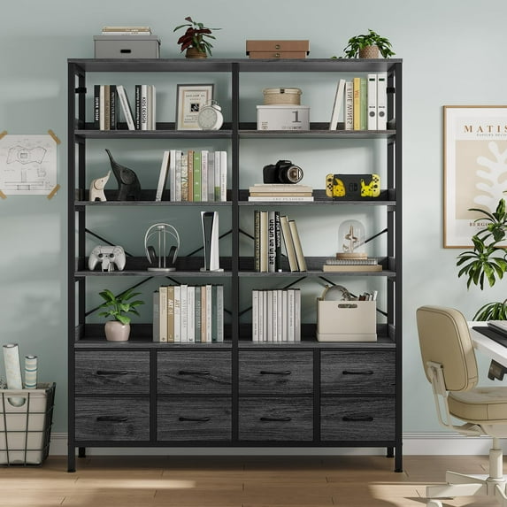 Grey Bookshelf for Living Room Home Office,7-Tier Bookcase with 8 Fabric Drawers, Baffles Display Shelves, Industrial Large Book Shelf