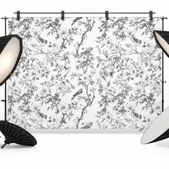 Grey Botanical Backdrop for Photoshoot,Photography Photo Studio Background Wall Backdrop,Elegant Watercolor Botanical Birds Back Drop Banner Panel for Portraits Wedding Party Live Streaming 7x5Ft