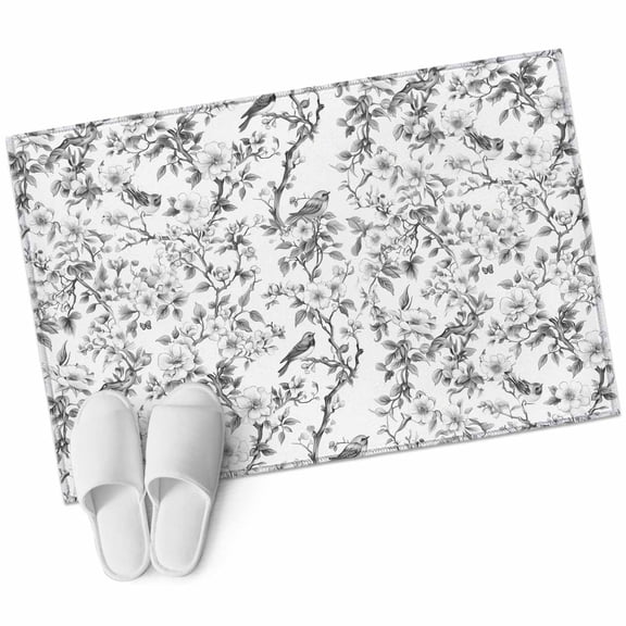 Grey Botanical Bathroom Mat 2x3 FT, Non Slip Small Kitchen Mat, Elegant Watercolor Botanical Birds Washable Soft Backed Front Door Throw Rug Non-Shedding Indoor Outdoor Doormat for Entryway Sink