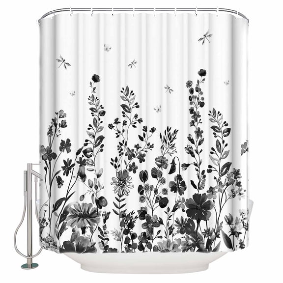 Grey Botanical Bathroom Shower Curtains with 12 Hooks Polyester Waterproof Shower Curtain for Stalls and Bathtubs Dragonfly Flower Leaf Retro Ink Style Decorative Bathroom Privacy Curtain 72x96 Inch