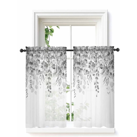 Grey Botanical Curtains 54 Inch Length, Sheer Curtains for Bedroom Living Room Window Weeping Eucalyptus Leaves Watercolor Rod Pocket Voile Drapes Kitchen Curtains Small Half Window 52"x54" 2 Panels