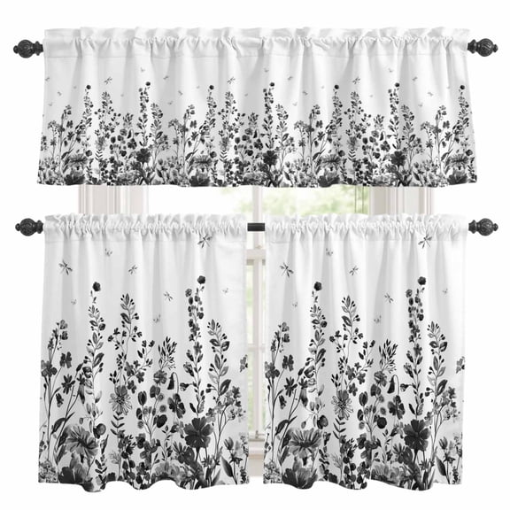 Grey Botanical Kitchen Curtains Sets for Windows 24 Inch Length, Dragonfly Flower Leaf Retro Ink Style Rod Pocket Window Treatments Tier Curtains and Valances Set for Bedroom/Bathroom