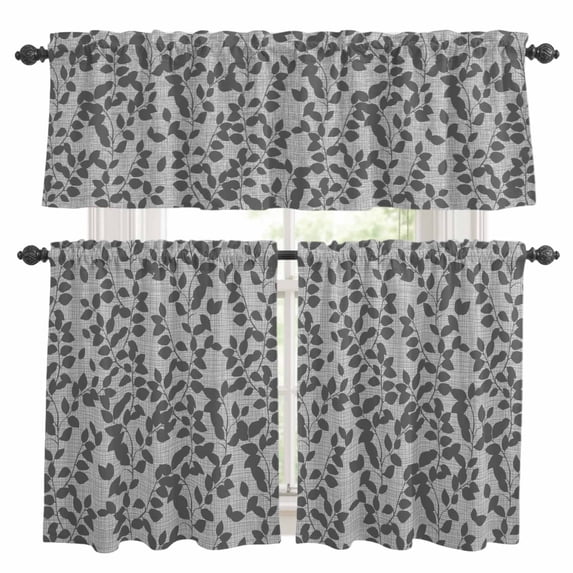 Grey Botanical Kitchen Curtains Sets for Windows 36 Inch Length, Pastoral Spring Floral Summer Art Rod Pocket Window Treatments Tier Curtains and Valances Set for Bedroom/Bathroom