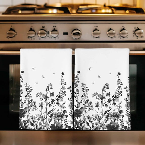 Grey Botanical Kitchen Towels Set of 2, Dragonfly Flower Leaf Retro Ink Style Absorbent Dish Towels for Kitchen, Microfiber Hand Towel, Quick Drying Tea Towel for Cleaning Decorative Dishcloths