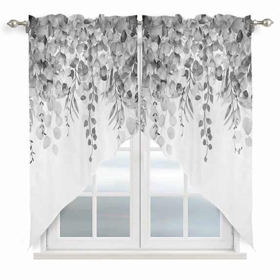 Grey Botanical Kitchen Window Curtains, Swag Curtains Valance for Bedroom Living Room Bathroom, Weeping Eucalyptus Leaves Watercolor Rod Pocket Window Treatment Curtain Block Drapes 2 Panels 28"x36"