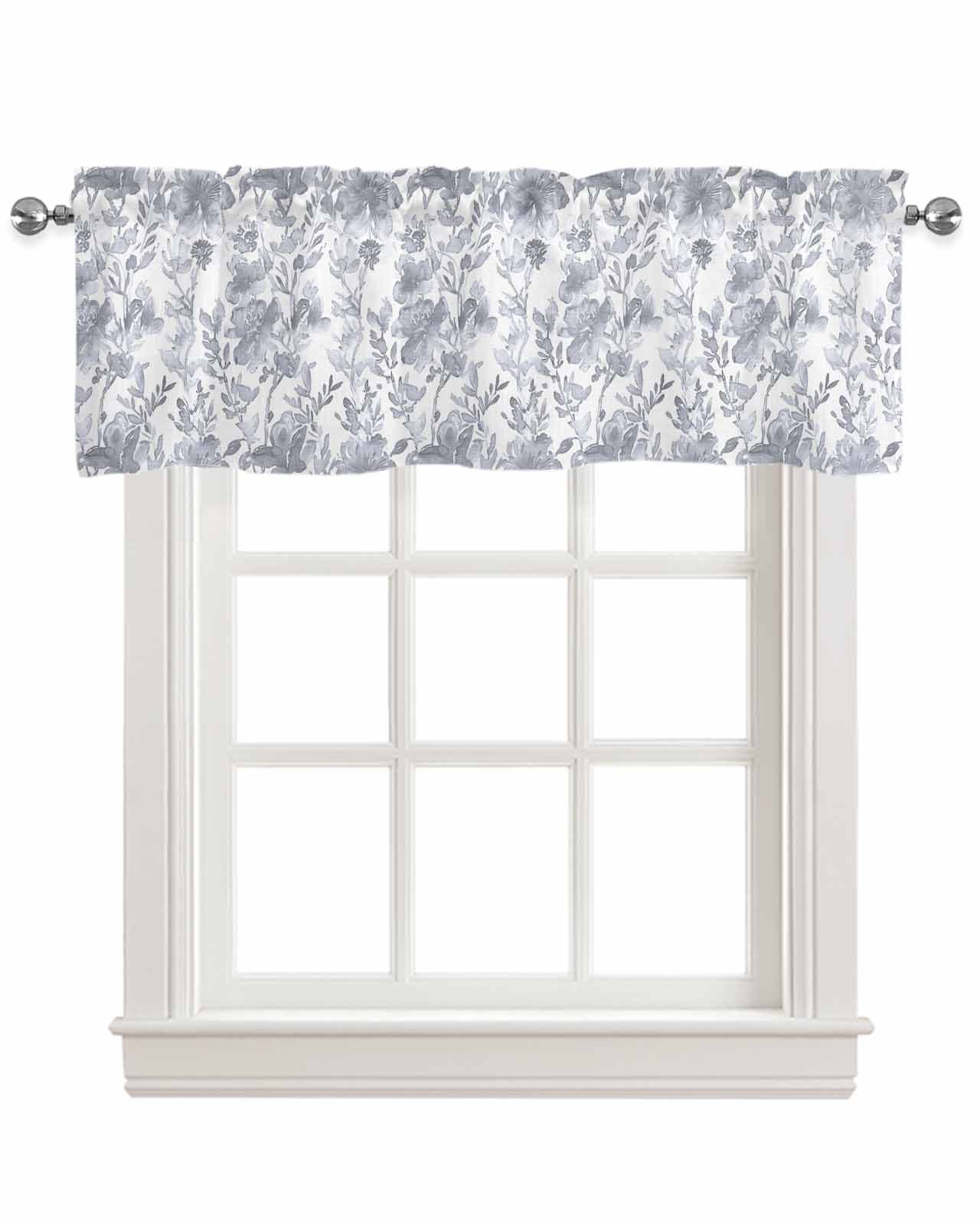 Grey Botanical Linen Curtain Valance for Bedroom/Bathroom/Kitchen/Living/Dining Room Window,Floral Flower Abstract Contemporary Plant Pocket Topper Drapes Decorative Cafe Drapery Panel 60"x18"