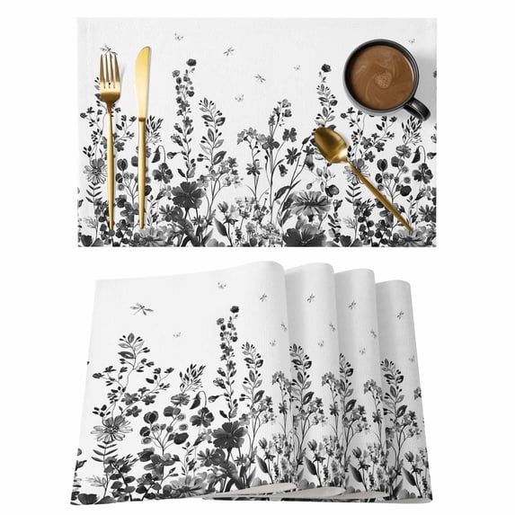 Grey Botanical Placemats Set of 4 Dragonfly Flower Leaf Retro Ink Style Place Mats Indoor Wipeable Table Mats Washable Cloth Dining Table Placemats for Kitchen Holiday Party Home Decor 13x19 Inch