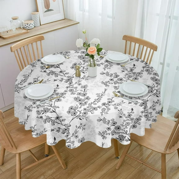 Grey Botanical Round Tablecloth 60 Inch - Waterproof Fabric Table Cloth Protector, Watercolor Spring Floral Pastoral Summer Flower Tablecloths Washable Table Cover for Kitchen Banquet Party