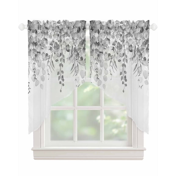 Grey Botanical Swag Valances for Windows, Weeping Eucalyptus Leaves Watercolor Rod Pocket Sheer Valances for Small Windows, Swag Toppers Light Filtering for Kitchen Living Room 2 Panels 28''x36''
