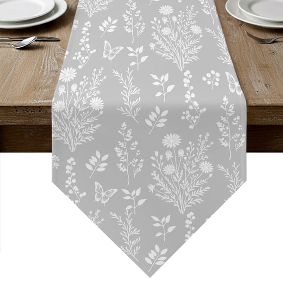 Grey Botanical Table Runner Linen Burlap Table Runner 36 Inches Small Spring Summer Chic Wildflowers Dresser Scarves for Kitchen Island Coffee Dining Room Party Wedding Banquet Holiday Decor 13"x36"