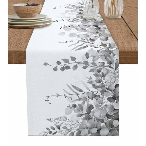 Grey Botanical Table Runner Weeping Eucalyptus Leaves Watercolor Tablerunners 13 x 48 Inch, Table Decorations Tabletop Scarf for Summer Gathering Holiday Farmhouse Kitchen Dining Decor