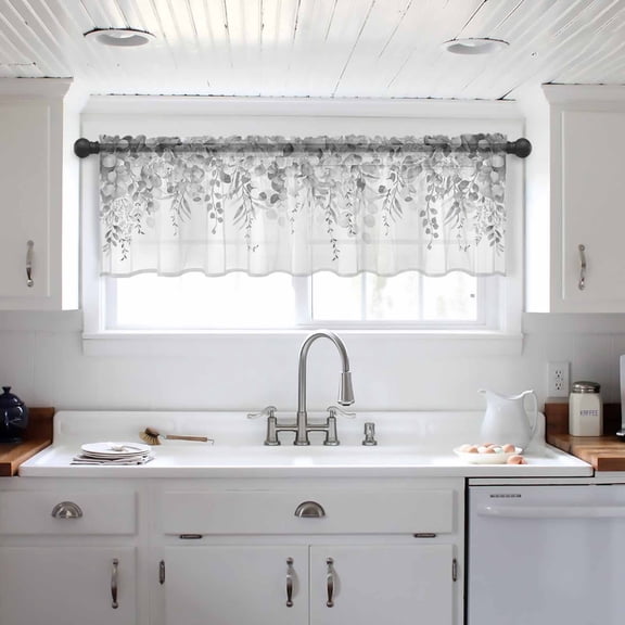 Grey Botanical Valance Curtains for Kitchen/Living Room/Bathroom/Bedroom Window, Weeping Eucalyptus Leaves Watercolor Rod Pocket Small Topper Half Short Window Curtains Voile Sheer Scarf 42"x12"