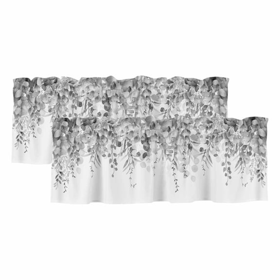 Grey Botanical Valances for Windows, Weeping Eucalyptus Leaves Watercolor Light Filtering Kitchen Curtains, Rod Pocket Window Valance Curtains for Living Room Bedroom, 54" W x 18" L, 2 Panels