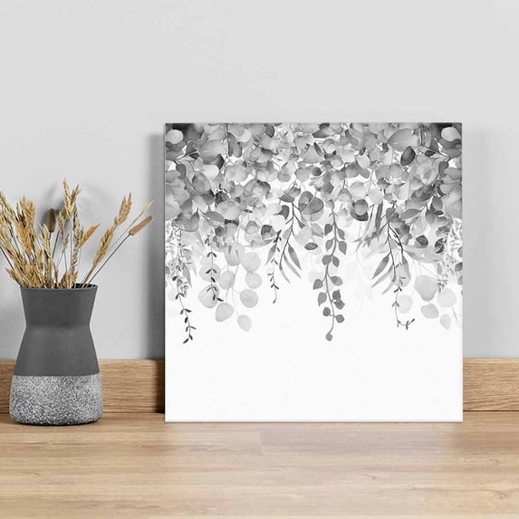 Grey Botanical Wall Art Painting on Canvas, Weeping Eucalyptus Leaves Watercolor Canvas Art Home Prints Wall Art Framed Modern Artwork for Living Room Bedroom Wall Decor 16x16in