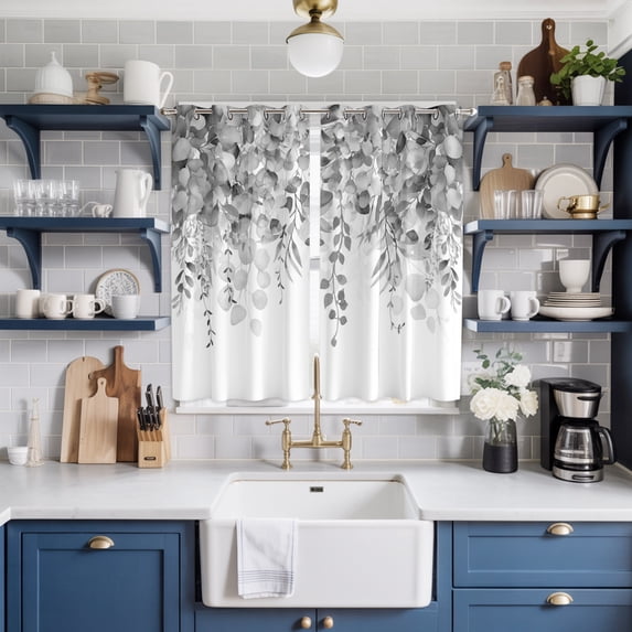 Grey Botanical Window Curtains Panels with Silver Grommet, Weeping Eucalyptus Leaves Watercolor Kitchen Cafe Curtain Draperies Window Treatment Set for Living Room/Bedroom/Laundry/Bathroom, 84x63