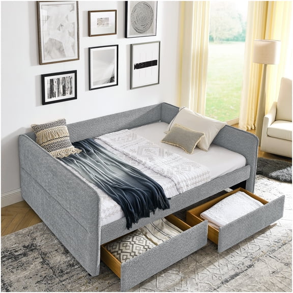 Queen Size Convertible Sofa Bed with Trundle and 2 Drawers, Upholstered Tufted Daybed for Guest Room