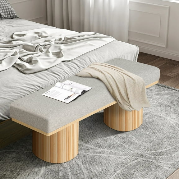 Grey Boucle Upholstered Living Room Bedroom Bench - Stable Chunky Legs 260 Lbs Max Weight Load Capacity With In Modern Furniture