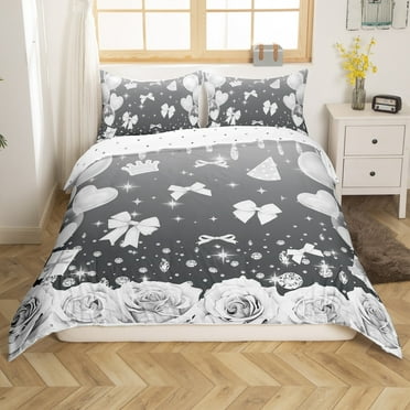 Grey Bow Bedding Set,Gray Floral Rose Duvet Cover Gifts Birthday Room Decor,Princess Bowknot Bed Set Love Flower Duvet Cover 2Pcs（No Comforter）
