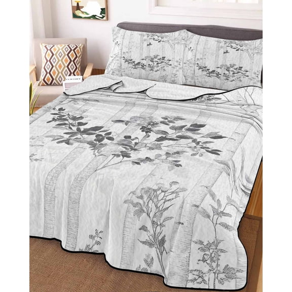 Grey Branches Forest Full Size Down Alternative Comforter, Lightweight Comforter Quilt Bedding Set with Pillow Shams Gray Tree Watercolor All Seasons Bed Comforter Duvet Insert 78"x90"