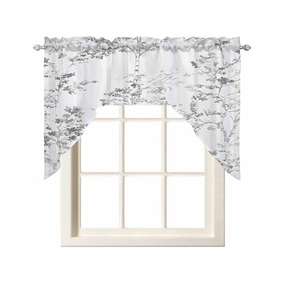 Grey Branches Forest Kitchen Curtains Swag Valance for Windows/Bathroom/Cafe, Gray Leaves Striped Rod Pocket Drape Panel Swag Curtain Valance for Bedroom/Living Room 55''x36''