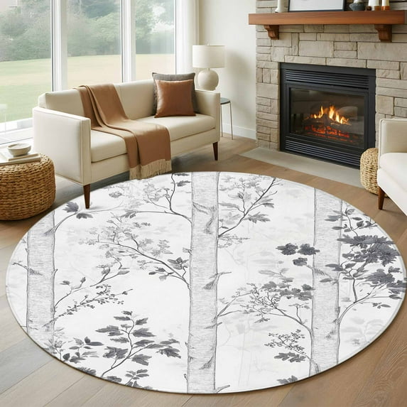 Grey Branches Forest Round Rug 5ft Washable Circle Kitchen Rugs Non Slip Vintage Watercolor Tree Large Area Rug Indoor Floor Carpet for Bedroom Living Room Home Office Dining Room Nursery