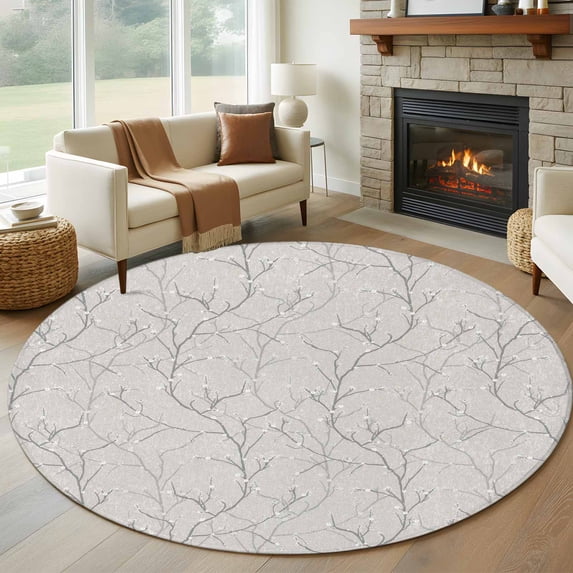 Grey Branches Round Rug 6ft Washable Circle Kitchen Rugs Non Slip Vintage Art Farmhouse Large Area Rug Indoor Floor Carpet for Bedroom Living Room Home Office Dining Room Nursery