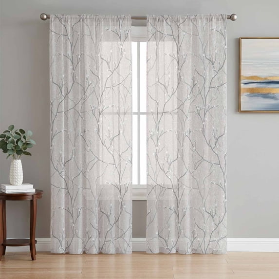 Grey Branches Sheer Curtains 96 Inch Length 2 Panels Set, Vintage Art Farmhouse Voile Window Treatment Semi Sheer Long Curtains Drapes for Bedroom/Living Room/Kitchen 52"x96"x2