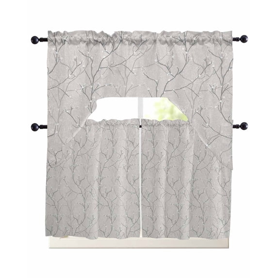 Grey Branches Swag Kitchen Curtains Sets for Windows 24 Inch Length, Vintage Art Farmhouse Short Window Curtain Panels Swags Valances and Tiers 3 Piece Set for Cafe/Dining Room