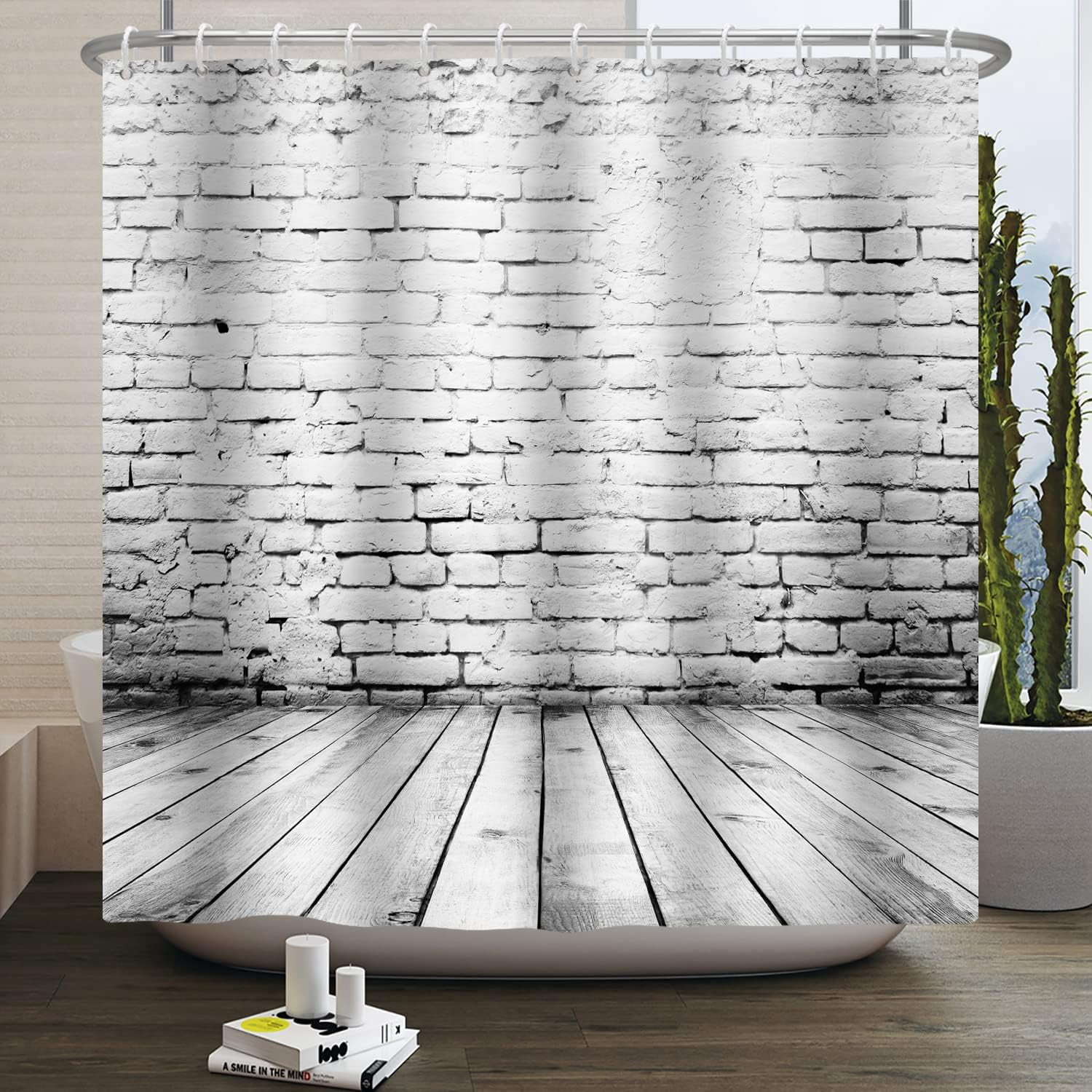 Grey Brick Wall Shower Curtain Vintage Rustic Grey Wooden Floor Shower ...