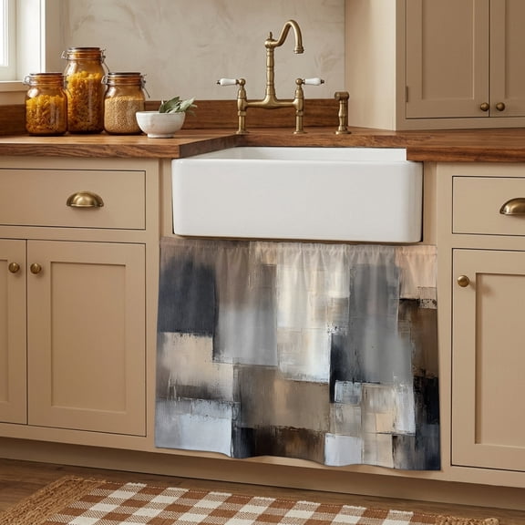 Grey Brown Abstract Cabinet Curtains 27.6"W x 35.4"L, Oil Painting Color Blocks Under Sink Skirt for Bathroom Vanity Kitchen Self Adhesive, Dust-Proof Privacy Curtain for Closet Shelves Laundry Room