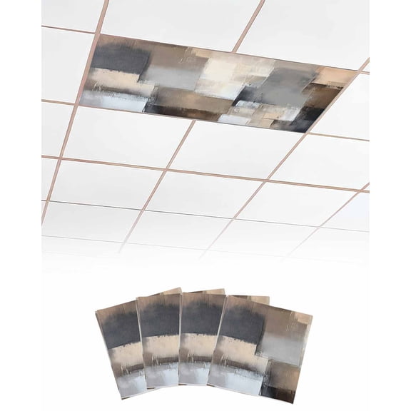 Grey Brown Abstract Fluorescent Light Covers for Ceiling Lights 4x2 feet,4 Pack Magnetic Light Filters for Classroom,Oil Painting Color Blocks Fluorescent Light Shade Panel for Office School Drop