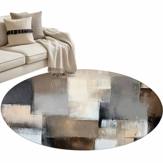 Grey Brown Abstract Round Area Rug 4 FT, Non Slip Indoor Outdoor Rug, Oil Painting Color Blocks Washable Soft Circular Carpet Non-Shedding Floor Mat for Coffee Table Nursery Foyer Balcony