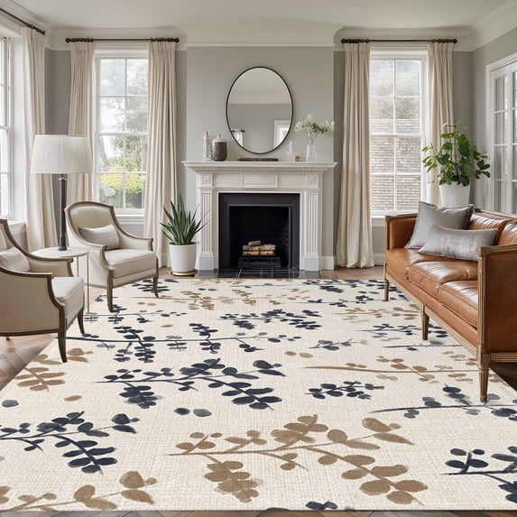 Grey Brown Botanical Area Rugs 8'x10', Small Throw Rugs for Living Room Patio, Rustic Country Spring Floral Summer Leaf Indoor Outdoor Rug Non-Slip Low Pile Carpet Runner Reversible Floor Mats