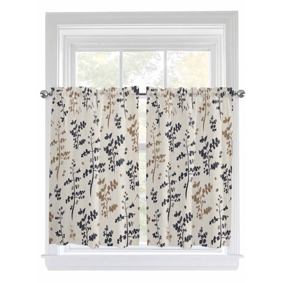 Grey Brown Botanical Bathroom Window Curtain, Rustic Country Spring Floral Summer Leaf Light Filtering Coffee Kitchen Curtains, Bedroom Living Room Curtains 2 Panel 84"x54"