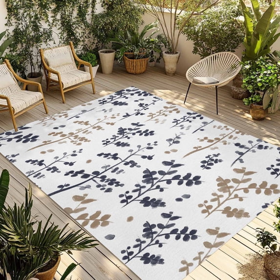 Grey Brown Botanical Outdoor Rug for Patio/Deck/Porch, Non-Slip Large Area Rug 6 x 9 Ft, Watercolor Spring Floral Summer Leaf Indoor Outdoor Rugs Washable Area Rugs, Camping Rug Carpet Runner