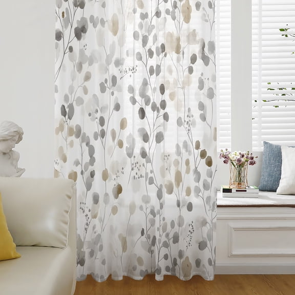 Grey Brown Botanical Semi Sheer Curtains Drapes for Living Room, Bedroom, French Doors Window 84 Inches Long, Watercolor Summer Leaf Rod Pocket Chiffon Curtain Drapery Voile Draperies Panel
