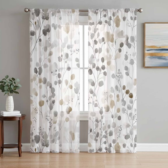 Grey Brown Botanical Sheer Curtains 63 Inches Length 2 Panels Set, Window Sheer Curtains for Living Room/Bedroom, Watercolor Summer Leaf Light Filtering Rod Pocket Curtain 52''x63''x2