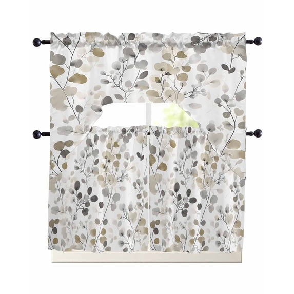 Grey Brown Botanical Swag Kitchen Curtains Sets for Windows 24 Inch Length, Watercolor Summer Leaf Spring Short Window Curtain Panels Swags Valances and Tiers 3 Piece Set for Cafe/Dining Room