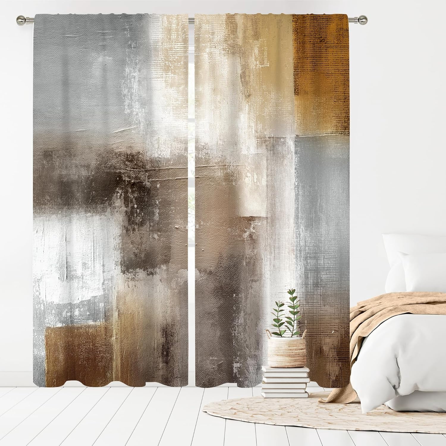 Grey Brown Curtains 52Wx84H Inch Rod Pocket Abstract Vintage Rust Tan Beige Modern Oil Painting Contemporary Bedroom Window Drapes Neutral Earth Tone Printed Living Room Window Treatment
