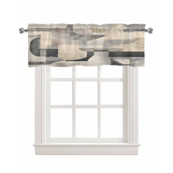 Grey Brown Kitchen Valances for Windows Farmhouse Linen Window Valance Curtain for Living Room Window Treatment Modern Abstract Geometric Art Valance Rod Pocket Topper Drape, 42 x 12 Inch