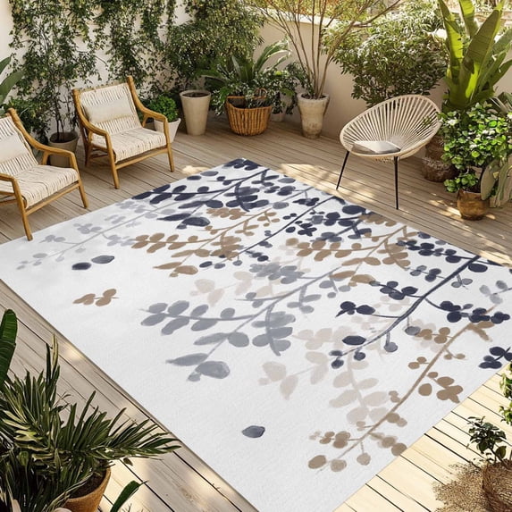 Grey Brown Leaves Outdoor Rug for Patio/Deck/Porch, Non-Slip Large Area Rug 6 x 9 Ft, Summer Botanical Indoor Outdoor Rugs Washable Area Rugs, Reversible Camping Rug Carpet Runner