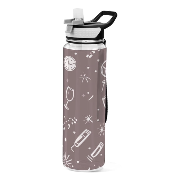 Grey Brown Pattern Design 1000ml Tritan Sport Bottle Straw LeakProof Food-Grade Portable Wide Handle