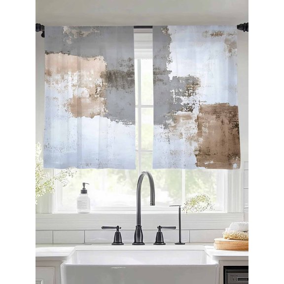 Grey Brown Sheer Curtains 45 Inches Long 2 Panels Abstract Art Vintage Mottled Graffiti Modern Light Filtering Semi Sheer Window Curtains Drapes for Bedroom Living Room 52"x45"
