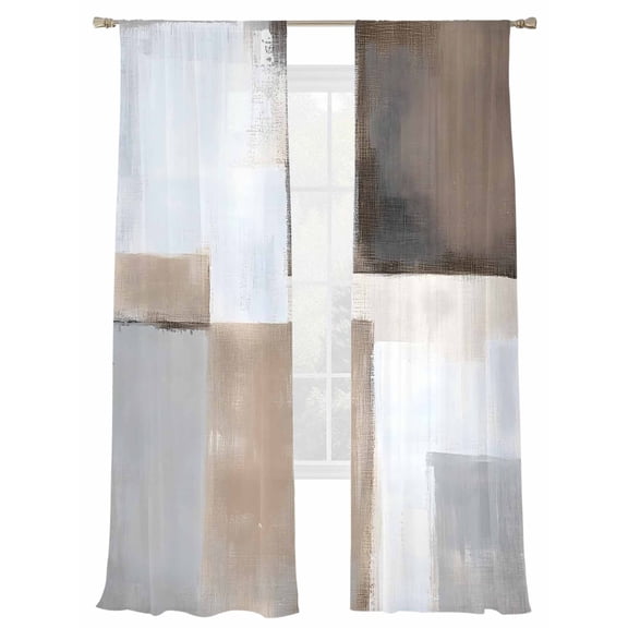 Grey Brown Sheer Curtains for Living Room Bedroom, Light-filtering Sheer Curtain, Abstract Art Mottled Graffiti Color Block Modern Rod Pocket Voile Window Treatment Drapes, 52’’Wx84’’L, 2 Panels Set